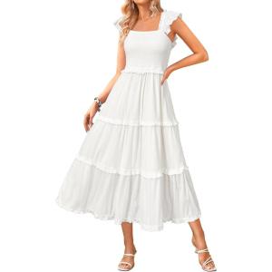 Newshows Women’s 2025 Summer Wedding Guest Dress Ruffle Sleeve Smocked Square Neck Long Flowy Tiered Maxi Sundress(White)