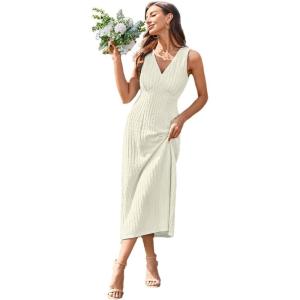 Newshows Womens 2025 Summer Wedding Guest V Neck Sleeveless Long Maxi A Line Empire Waist Elegant Formal Texture Dress(Beige)