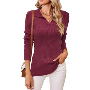 Newshows Womens Fall Fashion Sweater 2024 Business Tops Long Sleeve Clothes Casual Outfits Dressy Shirt Knit Pullover Blouse(Wine Red)