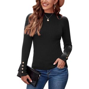 Newshows Women’s Fall Fashion Sweater 2025 Long Sleeve Crew Neck Button Stretch Business Casual Work Tops(A1-black)