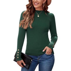 Newshows Women’s Fall Fashion Sweater 2025 Long Sleeve Crew Neck Button Stretch Business Casual Work Tops(A1-green)