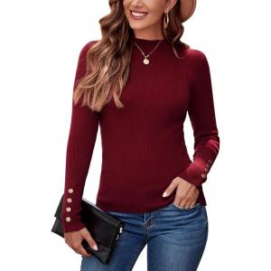 Newshows Women’s Fall Fashion Sweater 2025 Long Sleeve Crew Neck Button Stretch Business Casual Work Tops(A1-red)