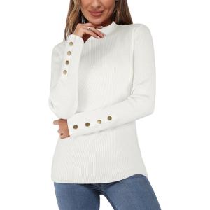 Newshows Women’s Fall Fashion Sweater 2025 Long Sleeve Crew Neck Button Stretch Business Casual Work Tops(A1-white)