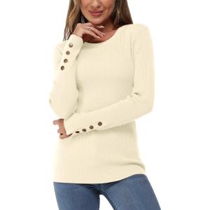 Newshows Women’s Fall Fashion Sweater 2025 Long Sleeve Crew Neck Button Stretch Business Casual Work Tops(Apricot)