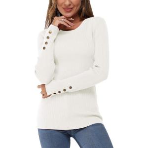 Newshows Women’s Fall Fashion Sweater 2025 Long Sleeve Crew Neck Button Stretch Business Casual Work Tops(Beige)