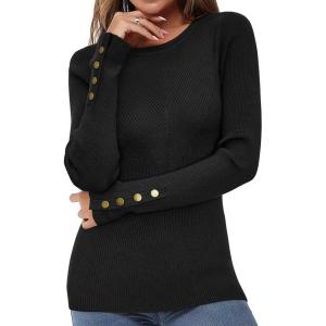 Newshows Women’s Fall Fashion Sweater 2025 Long Sleeve Crew Neck Button Stretch Business Casual Work Tops(Black-a21)