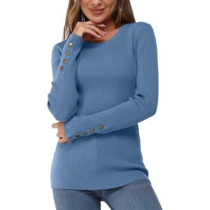 Newshows Women’s Fall Fashion Sweater 2025 Long Sleeve Crew Neck Button Stretch Business Casual Work Tops(Blue-1)