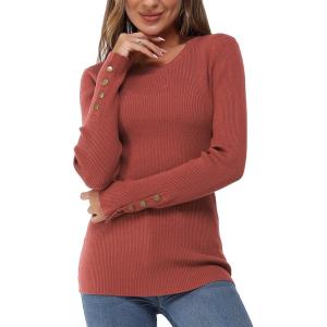 Newshows Women’s Fall Fashion Sweater 2025 Long Sleeve Crew Neck Button Stretch Business Casual Work Tops(Brick Red)