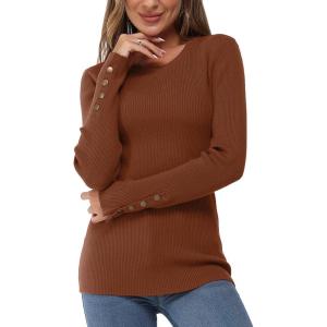 Newshows Women’s Fall Fashion Sweater 2025 Long Sleeve Crew Neck Button Stretch Business Casual Work Tops(Camels Apricot)