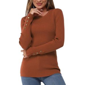 Newshows Women’s Fall Fashion Sweater 2025 Long Sleeve Crew Neck Button Stretch Business Casual Work Tops(Caramel Red)