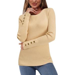 Newshows Women’s Fall Fashion Sweater 2025 Long Sleeve Crew Neck Button Stretch Business Casual Work Tops(Dark Apricot)