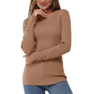 Newshows Women’s Fall Fashion Sweater 2025 Long Sleeve Crew Neck Button Stretch Business Casual Work Tops(Dark Apricot-1)