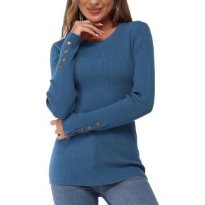 Newshows Women’s Fall Fashion Sweater 2025 Long Sleeve Crew Neck Button Stretch Business Casual Work Tops(Dark Blue)