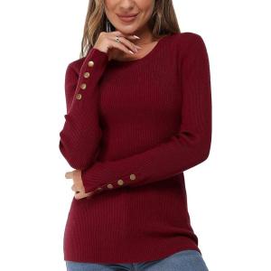 Newshows Women’s Fall Fashion Sweater 2025 Long Sleeve Crew Neck Button Stretch Business Casual Work Tops(Dark Red)
