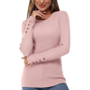 Newshows Women’s Fall Fashion Sweater 2025 Long Sleeve Crew Neck Button Stretch Business Casual Work Tops(Deep Pink)