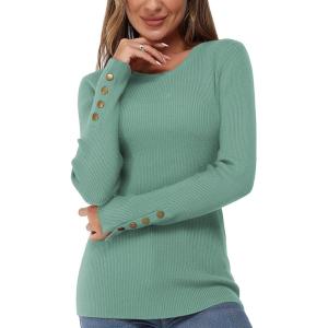 Newshows Women’s Fall Fashion Sweater 2025 Long Sleeve Crew Neck Button Stretch Business Casual Work Tops(Gray Green)