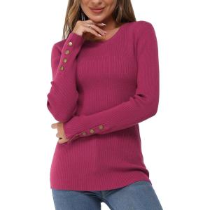 Newshows Women’s Fall Fashion Sweater 2025 Long Sleeve Crew Neck Button Stretch Business Casual Work Tops(Hot Pink Green)