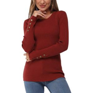 Newshows Women’s Fall Fashion Sweater 2025 Long Sleeve Crew Neck Button Stretch Business Casual Work Tops(Purplish Red)
