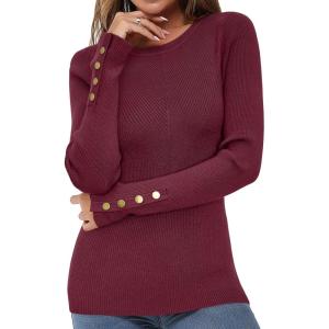 Newshows Women’s Fall Fashion Sweater 2025 Long Sleeve Crew Neck Button Stretch Business Casual Work Tops(Red -A21)