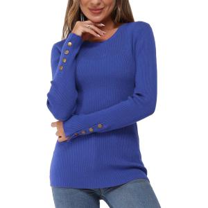Newshows Women’s Fall Fashion Sweater 2025 Long Sleeve Crew Neck Button Stretch Business Casual Work Tops(Sapphire Blue)