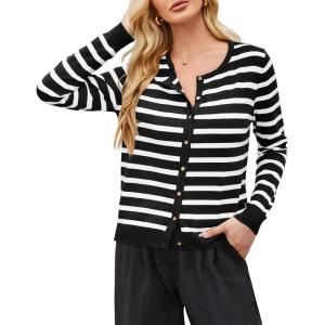 Newshows Women’s Lightweight Button Down Cardigan Long Sleeve Casual Crew Neck Soft Knit Cardigans Sweater Tops(A-black White)