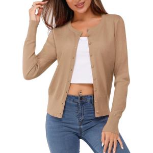 Newshows Women’s Lightweight Button Down Cardigan Long Sleeve Casual Crew Neck Soft Knit Cardigans Sweater Tops(Apricot-01)