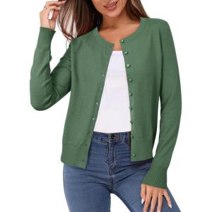 Newshows Women’s Lightweight Button Down Cardigan Long Sleeve Casual Crew Neck Soft Knit Cardigans Sweater Tops(Army Green)