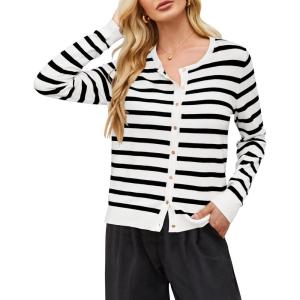 Newshows Women’s Lightweight Button Down Cardigan Long Sleeve Casual Crew Neck Soft Knit Cardigans Sweater Tops(A-white Black)