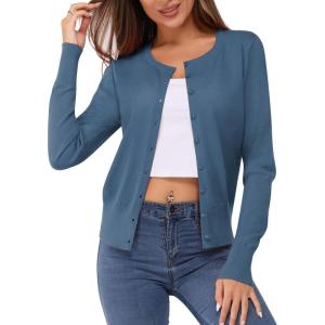 Newshows Women’s Lightweight Button Down Cardigan Long Sleeve Casual Crew Neck Soft Knit Cardigans Sweater Tops(Blue-01)
