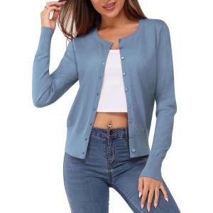 Newshows Women’s Lightweight Button Down Cardigan Long Sleeve Casual Crew Neck Soft Knit Cardigans Sweater Tops(Gray Blue 02)