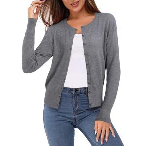 Newshows Women’s Lightweight Button Down Cardigan Long Sleeve Casual Crew Neck Soft Knit Cardigans Sweater Tops(Grey)