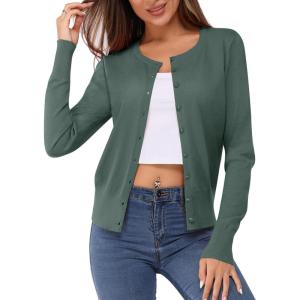 Newshows Women’s Lightweight Button Down Cardigan Long Sleeve Casual Crew Neck Soft Knit Cardigans Sweater Tops(Grey Green)