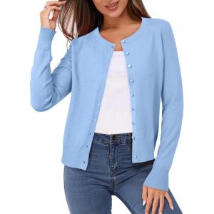 Newshows Women’s Lightweight Button Down Cardigan Long Sleeve Casual Crew Neck Soft Knit Cardigans Sweater Tops(Light Blue)