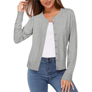 Newshows Women’s Lightweight Button Down Cardigan Long Sleeve Casual Crew Neck Soft Knit Cardigans Sweater Tops(Light Grey)