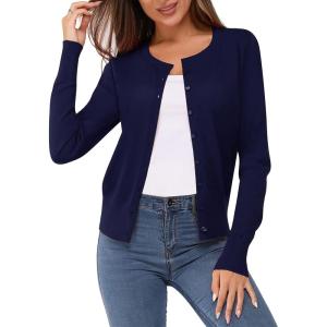 Newshows Women’s Lightweight Button Down Cardigan Long Sleeve Casual Crew Neck Soft Knit Cardigans Sweater Tops(Navy)