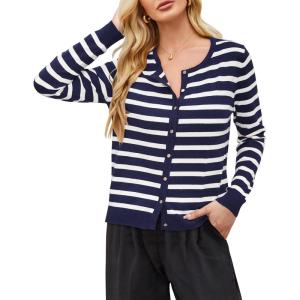 Newshows Women’s Lightweight Button Down Cardigan Long Sleeve Casual Crew Neck Soft Knit Cardigans Sweater Tops(Navy White)