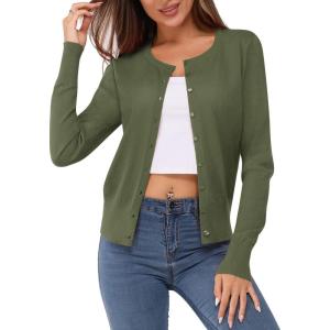 Newshows Women’s Lightweight Button Down Cardigan Long Sleeve Casual Crew Neck Soft Knit Cardigans Sweater Tops(Olive)