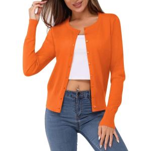 Newshows Women’s Lightweight Button Down Cardigan Long Sleeve Casual Crew Neck Soft Knit Cardigans Sweater Tops(Orange)