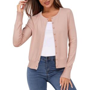 Newshows Women’s Lightweight Button Down Cardigan Long Sleeve Casual Crew Neck Soft Knit Cardigans Sweater Tops(Pale Pink)