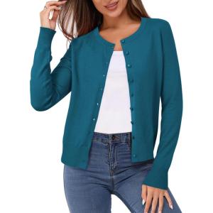 Newshows Women’s Lightweight Button Down Cardigan Long Sleeve Casual Crew Neck Soft Knit Cardigans Sweater Tops(Peacock Blue)
