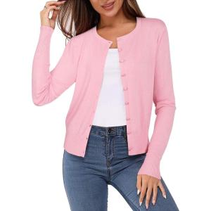 Newshows Women’s Lightweight Button Down Cardigan Long Sleeve Casual Crew Neck Soft Knit Cardigans Sweater Tops(Pink)