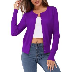 Newshows Women’s Lightweight Button Down Cardigan Long Sleeve Casual Crew Neck Soft Knit Cardigans Sweater Tops(Purple)