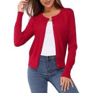 Newshows Women’s Lightweight Button Down Cardigan Long Sleeve Casual Crew Neck Soft Knit Cardigans Sweater Tops(Purplish Red)