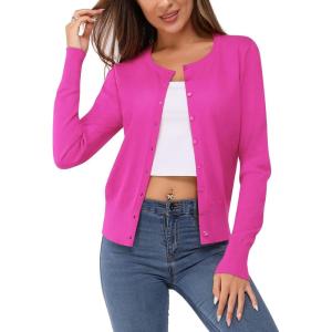 Newshows Women’s Lightweight Button Down Cardigan Long Sleeve Casual Crew Neck Soft Knit Cardigans Sweater Tops(Rose Red)