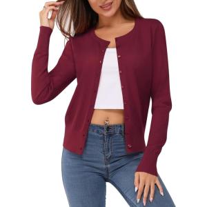 Newshows Women’s Lightweight Button Down Cardigan Long Sleeve Casual Crew Neck Soft Knit Cardigans Sweater Tops(Wine)