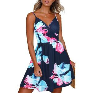 Newshows Women’s Summer Dress 2025 Spaghetti Strap Sleeveless V Neck Casual Swing Sundress with Pockets(Blue Floral Pink)