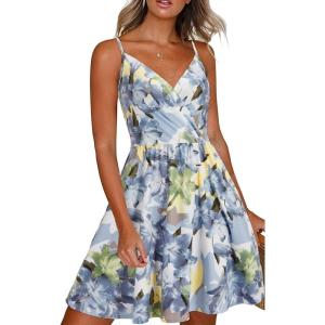 Newshows Women’s Summer Dress 2025 Spaghetti Strap Sleeveless V Neck Casual Swing Sundress with Pockets(Gray Floral Green)