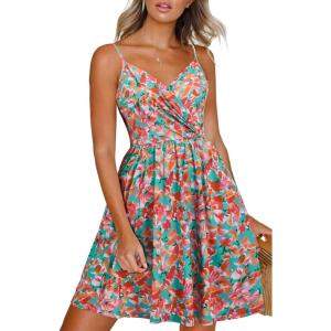 Newshows Women’s Summer Dress 2025 Spaghetti Strap Sleeveless V Neck Casual Swing Sundress with Pockets(Green Floral Red)