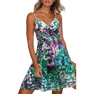 Newshows Women’s Summer Dress 2025 Spaghetti Strap Sleeveless V Neck Casual Swing Sundress with Pockets(Green Floral White)