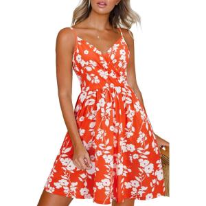 Newshows Women’s Summer Dress 2025 Spaghetti Strap Sleeveless V Neck Casual Swing Sundress with Pockets(Orange Floral White)